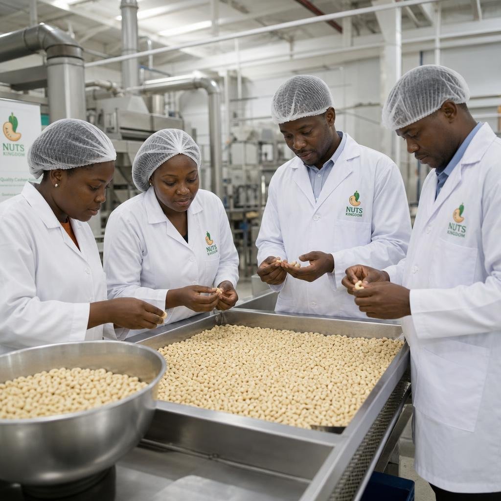 Food technicians inspecting premium cashew kernels in a processing facility