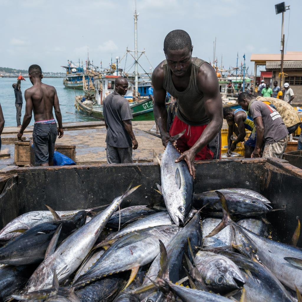 Fishermen handling fresh tuna catch at a coastal port