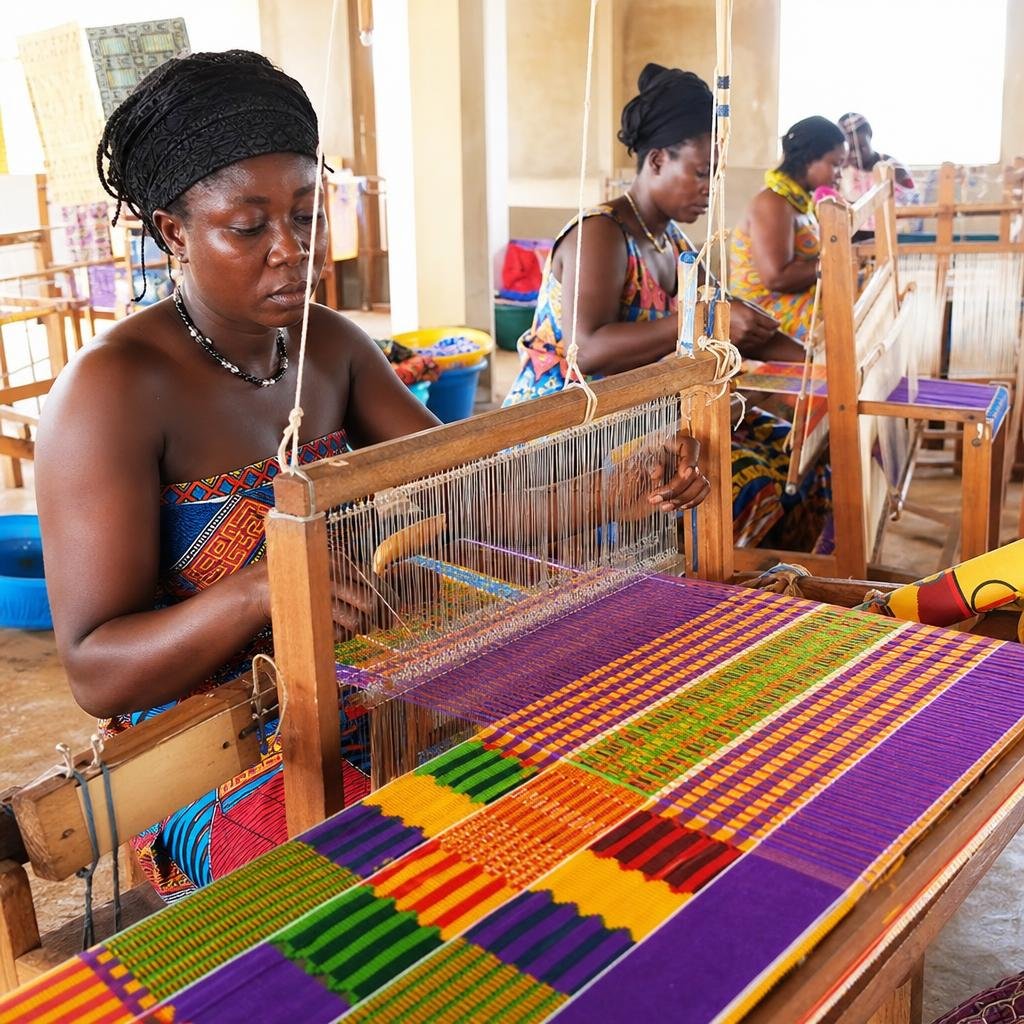 Artisans hand-weaving Kente cloth on traditional looms