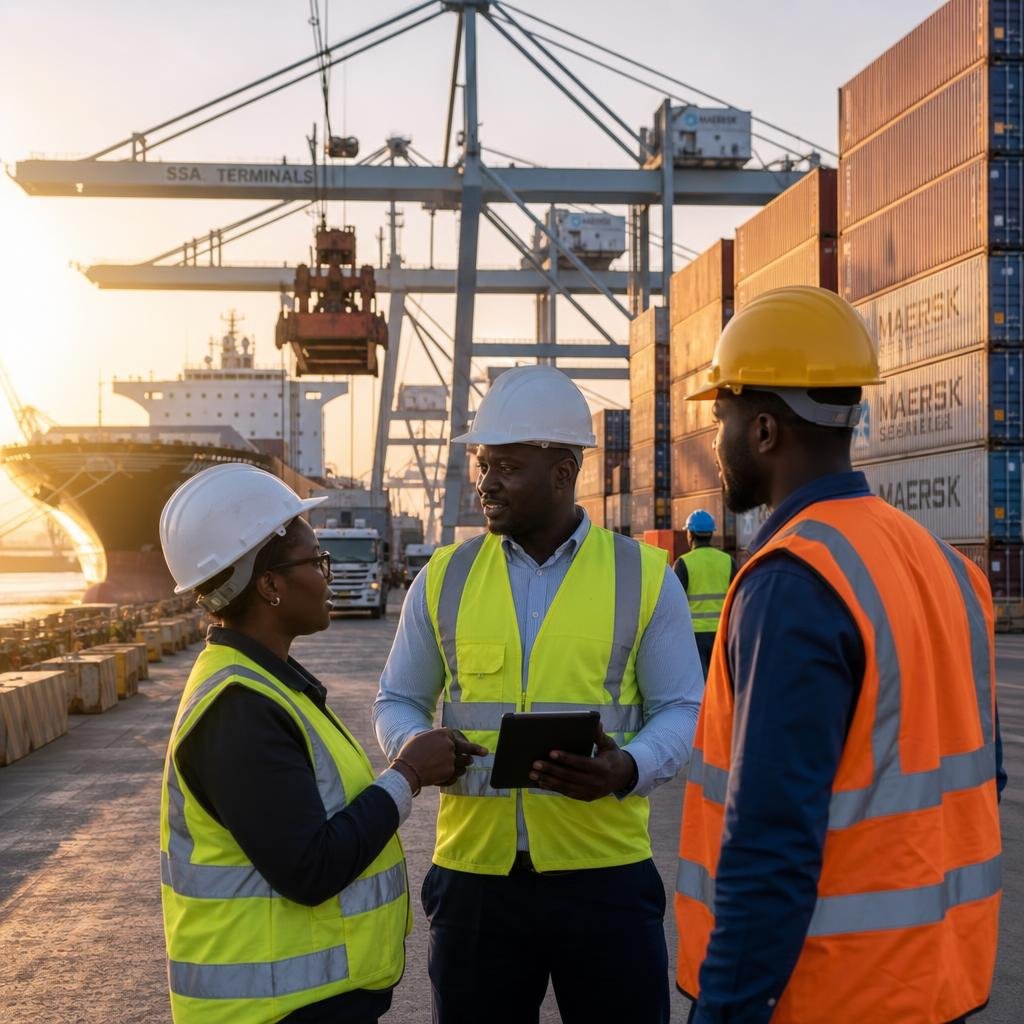 Logistics workers coordinating export shipments at a busy port