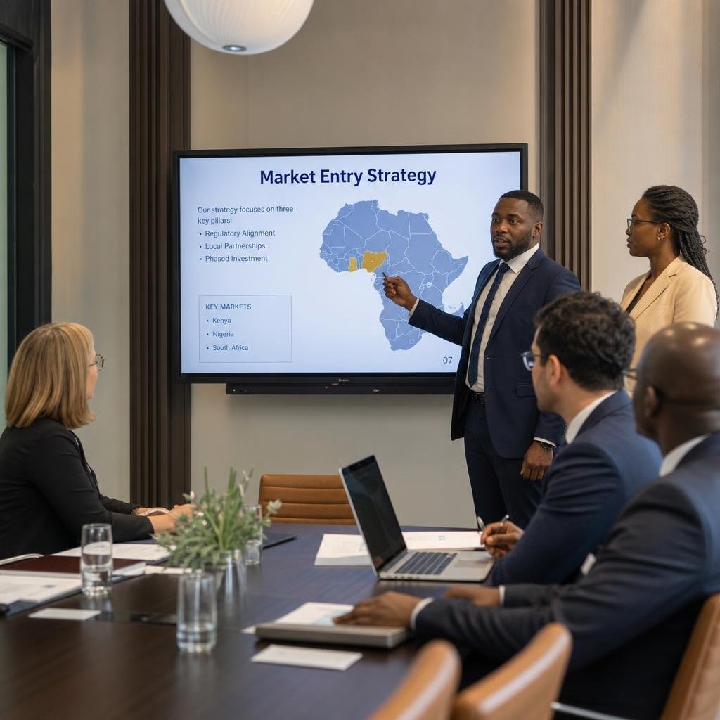 Consultants presenting market entry strategy