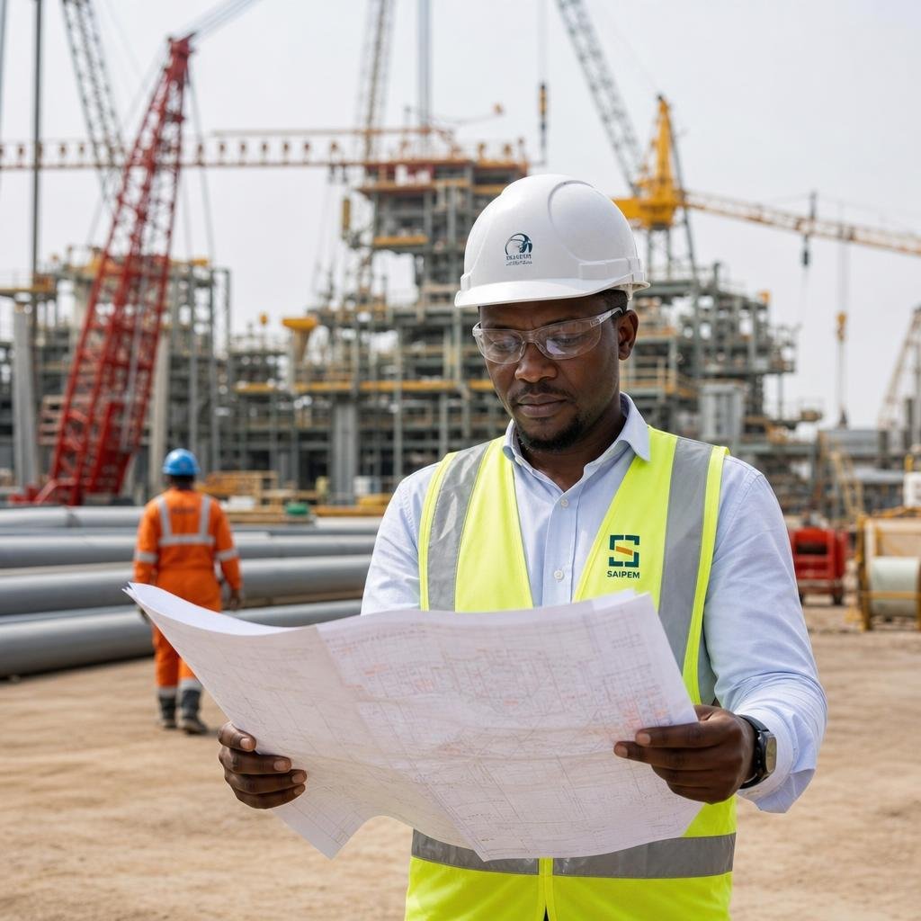 Engineer reviewing blueprints at a construction site